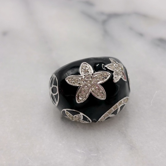 Chunky Black Enamel & Silver Tone Crystal Ring with Design - Picture 11 of 12